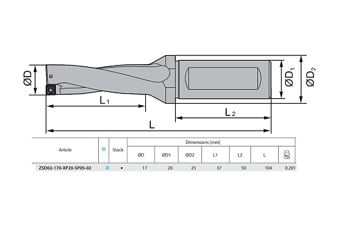 Сверло корпусное ZCC-CT ZSD02-170-XP20-SP05-02