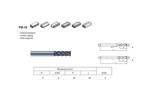 Фреза монолитная 8х8х20х60 мм, Z4 ZCC-CT PM-4E-D8.0